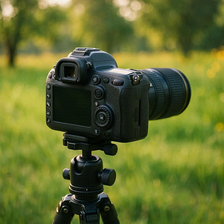 Professional DSLR camera on a tripod in a green meadow.