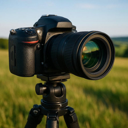 Camera on tripod on background of green field and blue sky with clouds