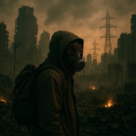 Man in a gas mask on the background of the destroyed city.