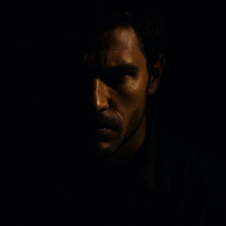 Close-up portrait of a man in a dark background. Shallow depth of field.