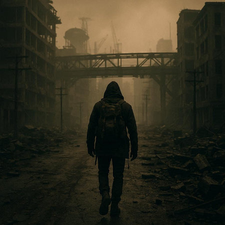 Man in the ruins of a building in a foggy day.