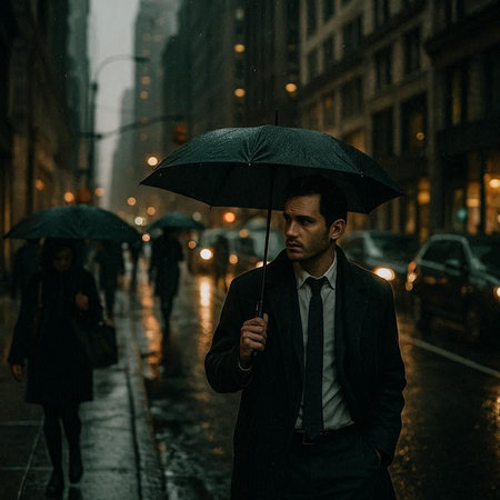 Businessman with umbrella in the rain. Rainy day in the city.