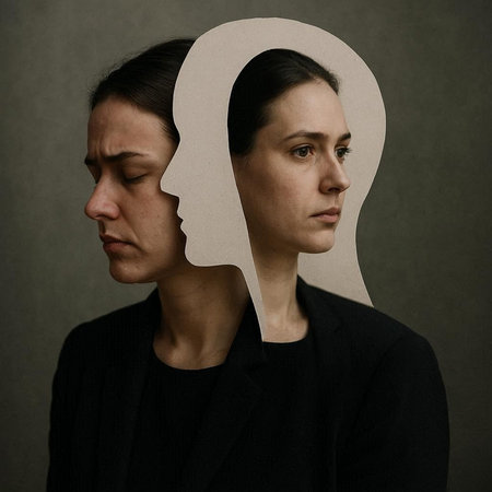 Young woman with question mark on her head. Mental health concept.