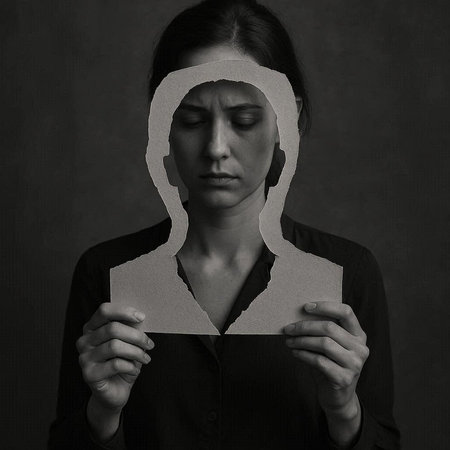 Woman holding a piece of paper in front of her face, monochrome