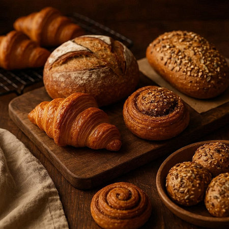Freshly baked croissants and rolls on a wooden background.