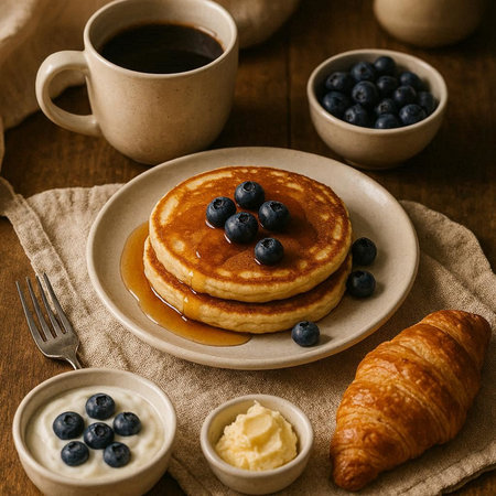Pancakes with fresh blueberries and cup of coffee on wooden table, top view