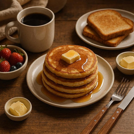 Pancakes with butter, honey and berries on a wooden background