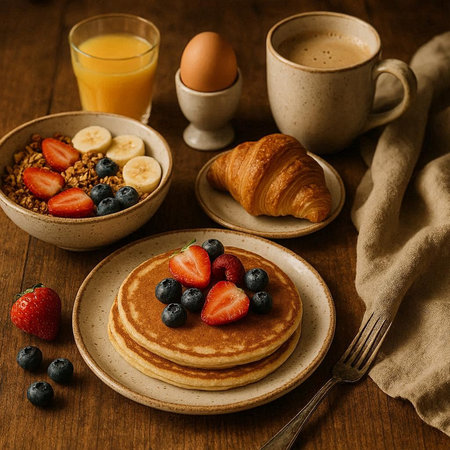 Breakfast with pancakes, berries and coffee on wooden table, selective focus