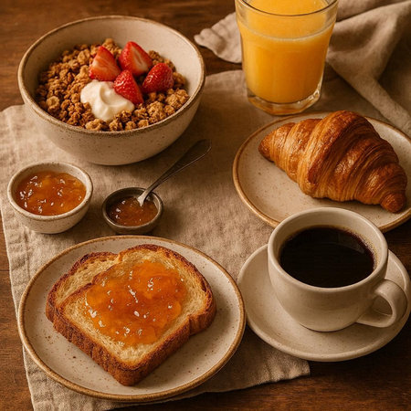 Breakfast with coffee, orange juice, croissant and granolaの写真素材