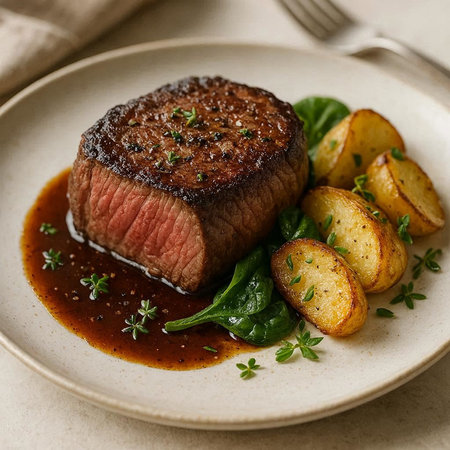 Beef Steak with Potatoes and Spinach, square image