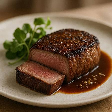 Grilled beef steak with soy sauce and herbs on a plate.
