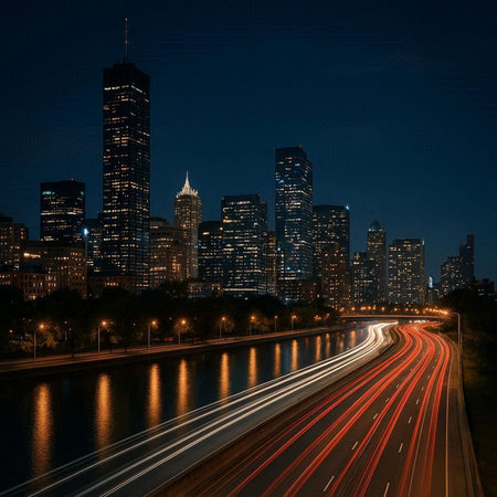 Chicago downtown skyline at night with light trails. USA. Digital painting.