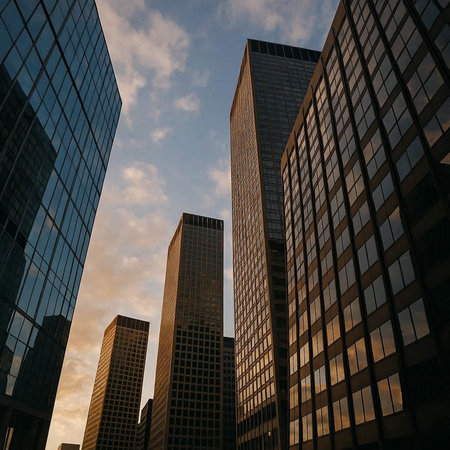 Low angle view of modern skyscrapers in downtown Chicago, Illinois.