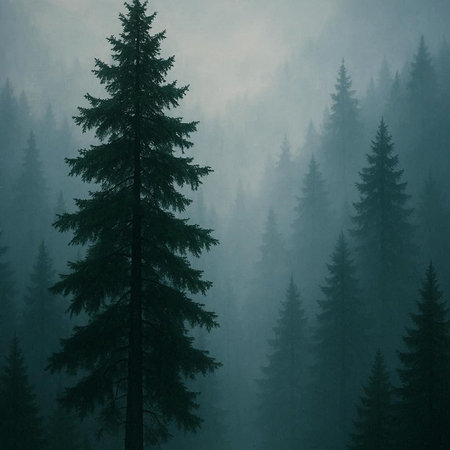 Foggy forest in the mountains. Pine trees in the fog.