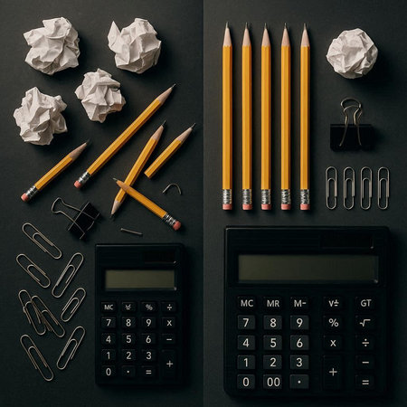 Pencils, calculator, paper clips and crumpled paper on black background