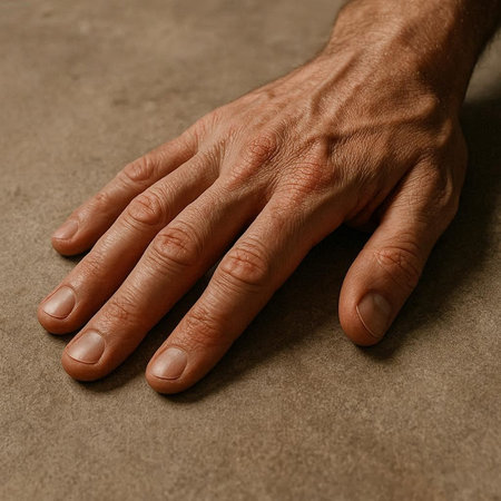 Close up of a man's hand on a brown background with copy space