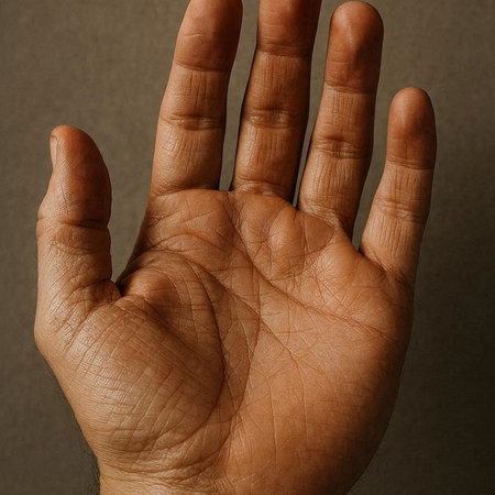 Hand of a man on a gray background. The palm of the hand.