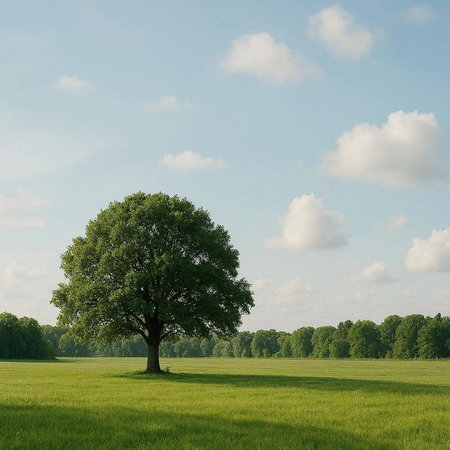 Green meadow and big tree on sky background. Nature composition.