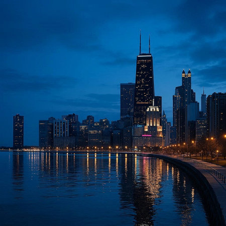 Chicago skyline at dusk with skyscrapers and lake Michigan, USA