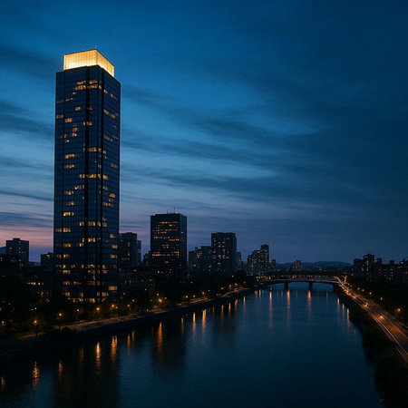 View of the skyline of Frankfurt am Main at dusk, Germany.
