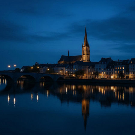 Bruges cityscape at night, Belgium. Long exposure.の写真素材
