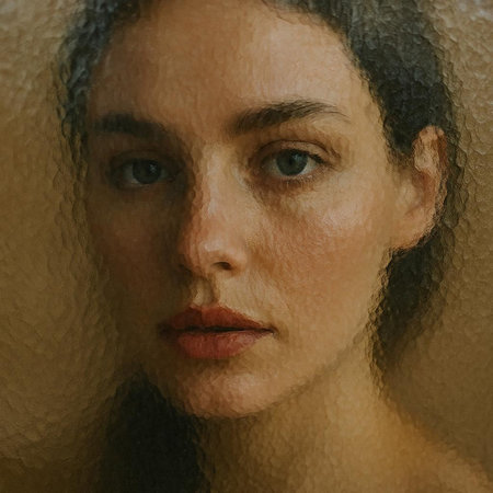 Portrait of a beautiful woman through a glass. Photo in old color image styleの写真素材