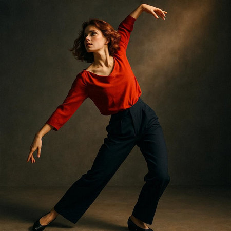 Beautiful young woman in a red blouse and black trousers dancing on a dark background