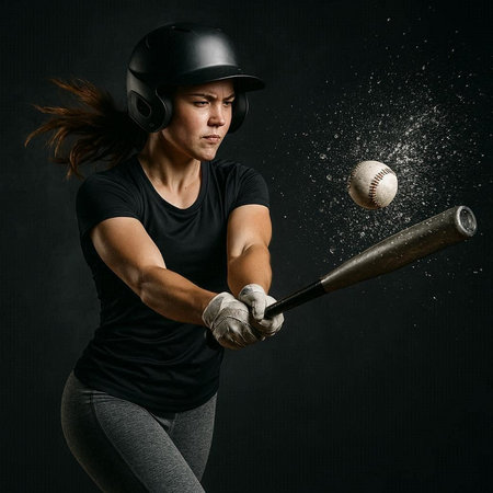 Baseball player in helmet hitting ball with bat on black background.の写真素材