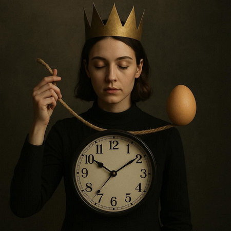 Young woman in a crown holding an egg and a clock on a dark background
