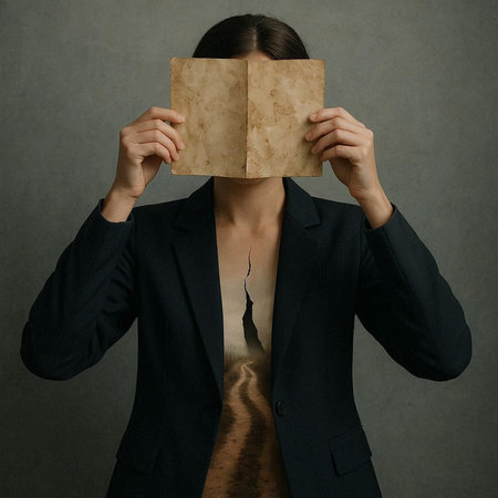 Woman covering her face with an open book. Isolated on grey background
