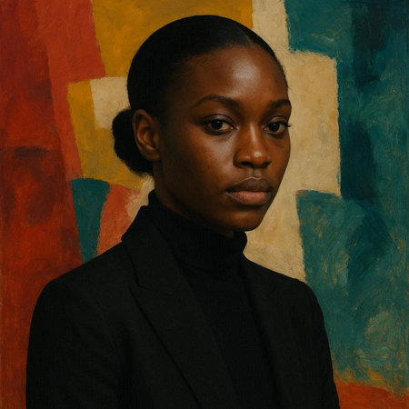 Portrait of a young African-American woman on a colorful backgroundの写真素材