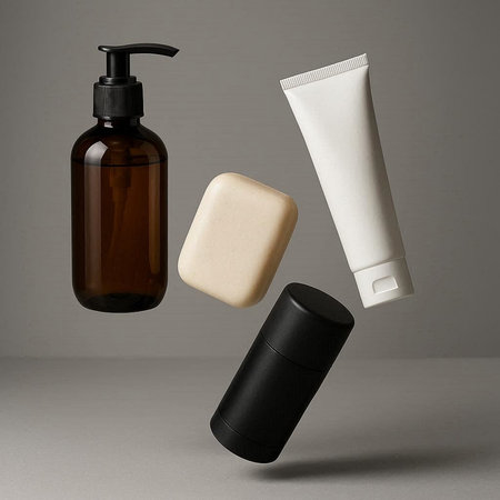 cosmetic bottle, soap and dispenser on a gray background.