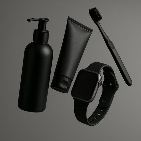 Black plastic bottle of cosmetic products and accessories on gray background.の写真素材