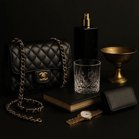 Vintage still life with a bottle of perfume, a glass of whiskey, an old book and a gold chain on a...