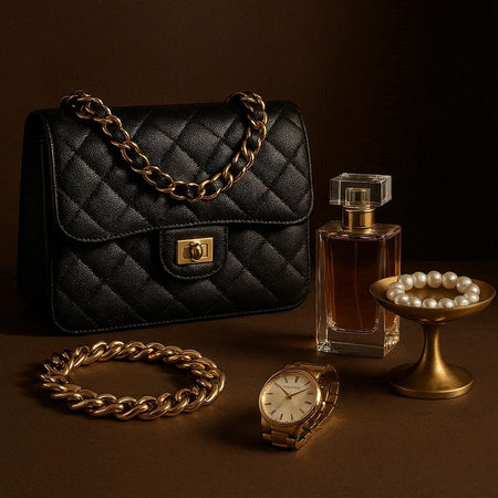 Luxury women's accessories and perfume on a dark background.