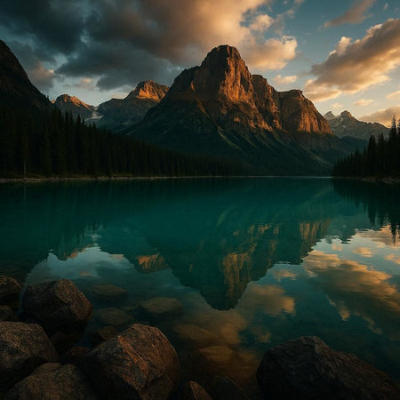 Sunset over Lake Louise, Banff National Park, Alberta, Canadaの写真素材