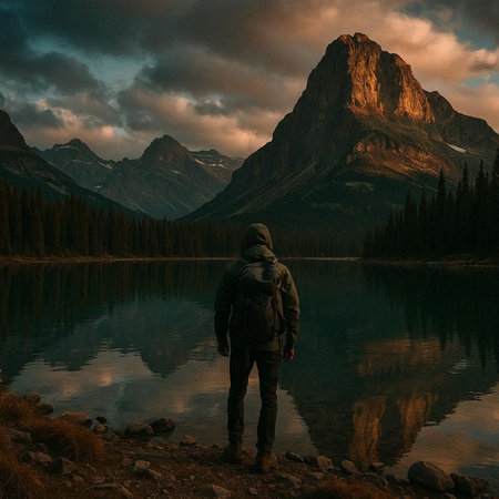 Man standing on the shore of Lake Louise in Banff National Park, Alberta, Canada