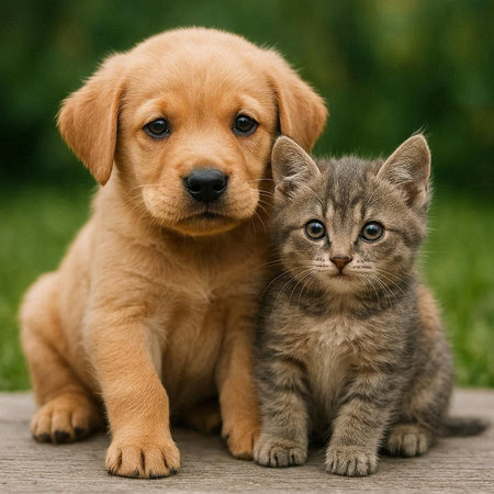 Labrador Retriever puppy and tabby kitten sitting together.