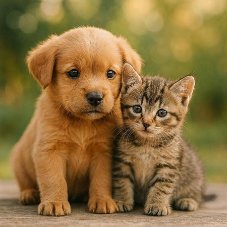 Labrador Retriever puppy and tabby kitten sitting together.
