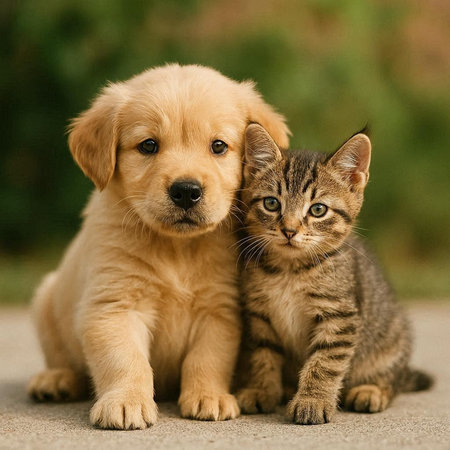 Labrador Retriever puppy and tabby kitten sitting together.