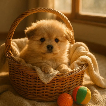 Pomeranian puppy in a wicker basket. Cute fluffy puppy.