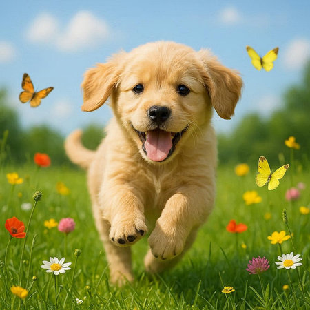 Golden Retriever Puppy Running in the Grass with Butterfliesの写真素材