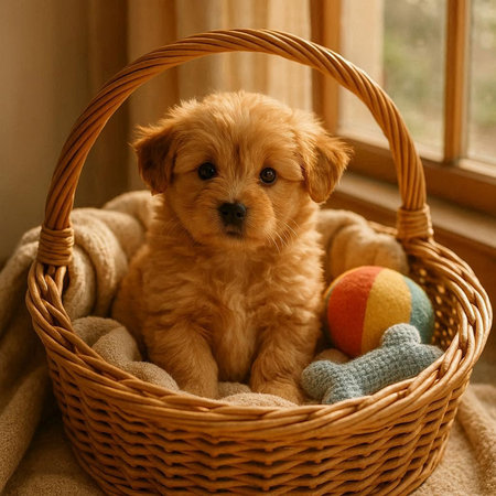 Cute puppy in a wicker basket.