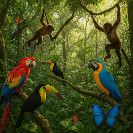 Colorful macaws on a branch in the rainforest of Costa Rica