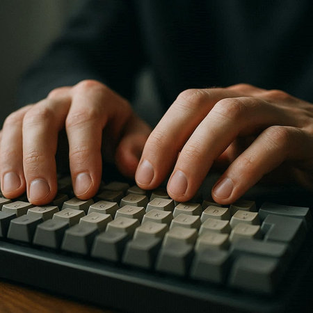 Hands typing on computer keyboard. Close-up of male hands typing on computer keyboard.