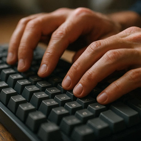 Hands typing on a computer keyboard. Close-up photo.