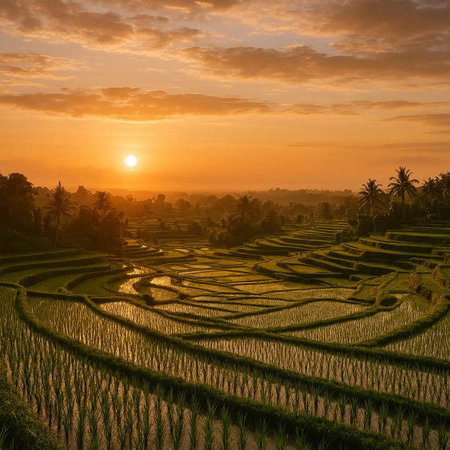 Rice terraces at sunset in Bali, Indonesia. Landscape of rice fields at sunset.
