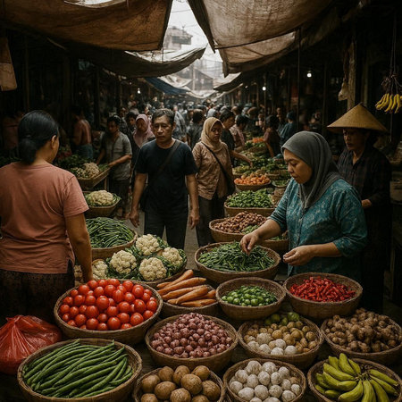 View of people selling vegetables at the street market in Kathmandu in the morningの写真素材