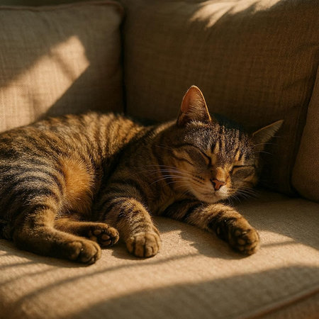 Portrait of a striped cat sleeping on a sofa in the sunlightの写真素材