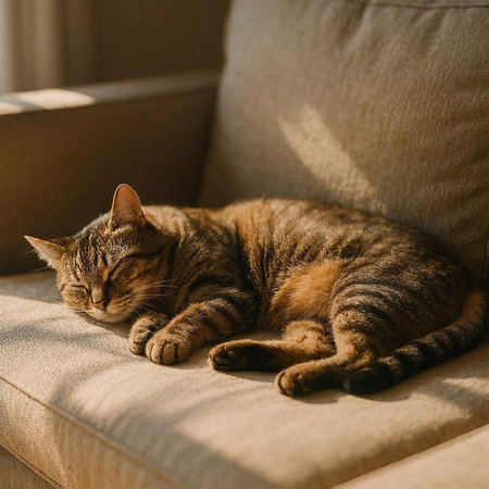 Sleeping tabby cat on a sofa in the sunlight.の写真素材